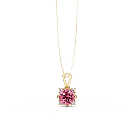 1.6 CTW Round Four-Accent Colorstone Pendant Necklace — Tourmaline Rose Pink — 14K Yellow Gold