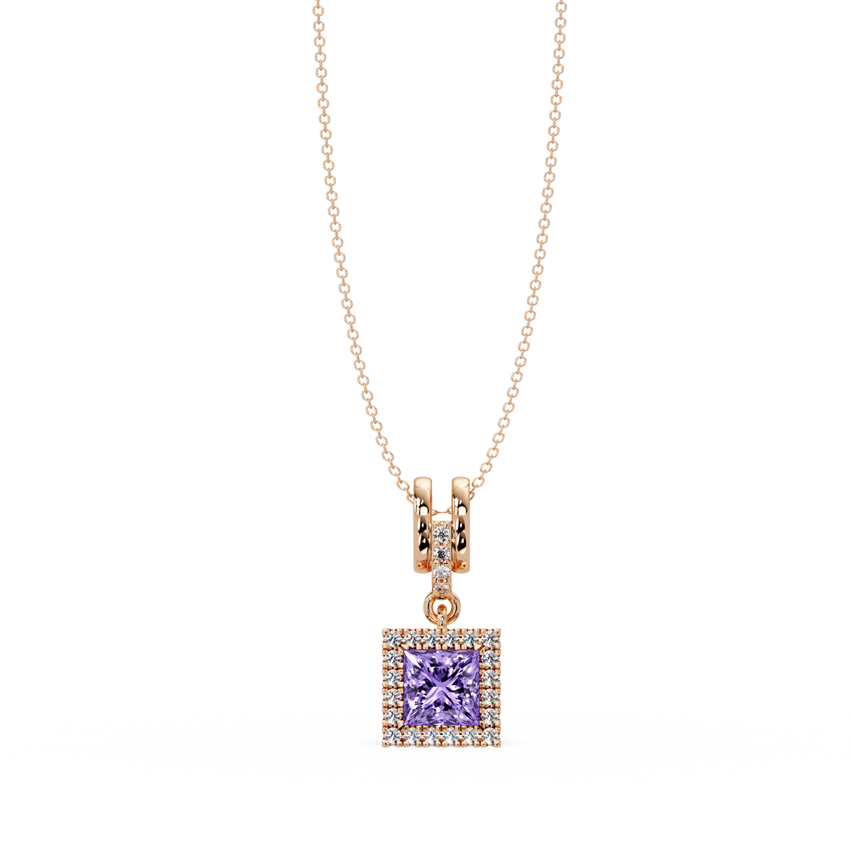0.7 CTW Princess Halo Square Colorstone Pendant Necklace — Amethyst Lavender — 14K Rose Gold