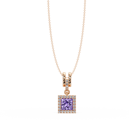 0.7 CTW Princess Halo Square Colorstone Pendant Necklace — Amethyst Lavender — 14K Rose Gold