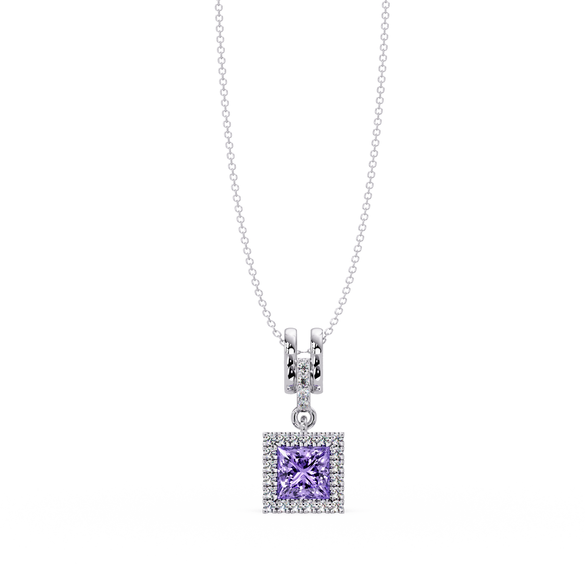0.7 CTW Princess Halo Square Colorstone Pendant Necklace — Amethyst Lavender — 14K White Gold