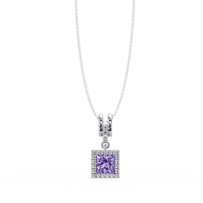 0.7 CTW Princess Halo Square Colorstone Pendant Necklace — Amethyst Lavender — 14K White Gold