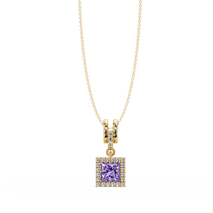 0.7 CTW Princess Halo Square Colorstone Pendant Necklace — Amethyst Lavender — 14K Yellow Gold