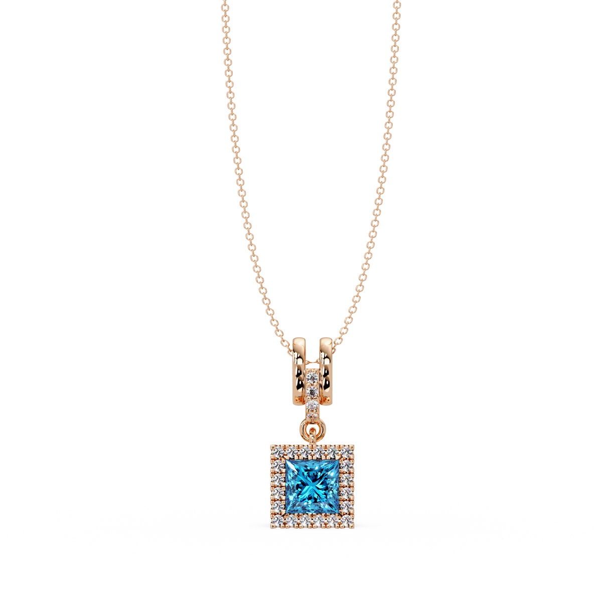 0.7 CTW Princess Halo Square Colorstone Pendant Necklace — Aquamarine Sky Blue — 14K Rose Gold