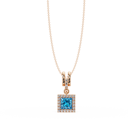 0.7 CTW Princess Halo Square Colorstone Pendant Necklace — Aquamarine Sky Blue — 14K Rose Gold