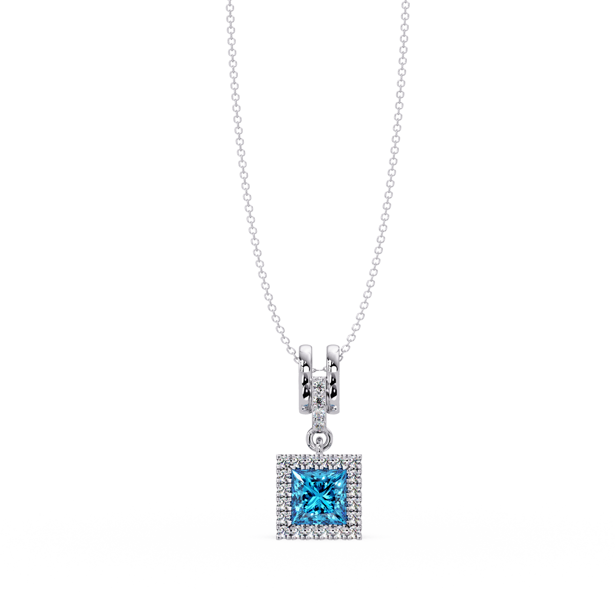 0.7 CTW Princess Halo Square Colorstone Pendant Necklace — Aquamarine Sky Blue — 14K White Gold
