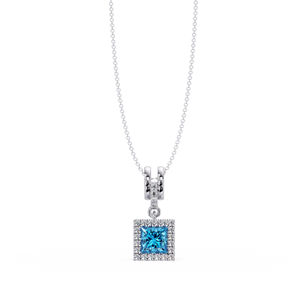 0.7 CTW Princess Halo Square Colorstone Pendant Necklace — Aquamarine Sky Blue — 14K White Gold