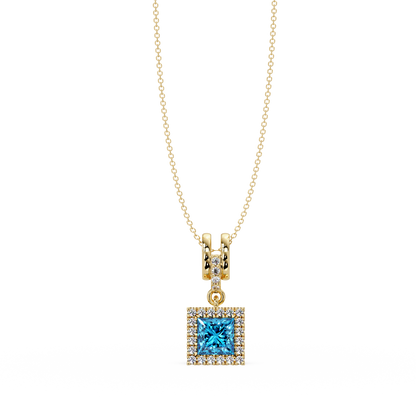 0.7 CTW Princess Halo Square Colorstone Pendant Necklace — Aquamarine Sky Blue — 14K Yellow Gold
