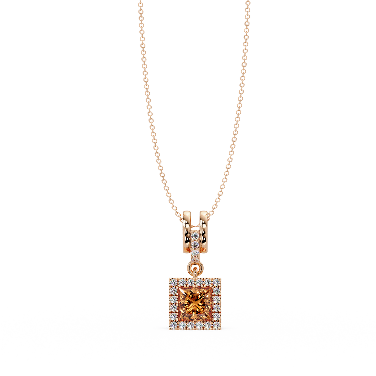 0.7 CTW Princess Halo Square Colorstone Pendant Necklace — Champagne Topaz Amber — 14K Rose Gold