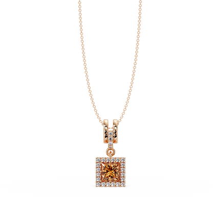 0.7 CTW Princess Halo Square Colorstone Pendant Necklace — Champagne Topaz Amber — 14K Rose Gold