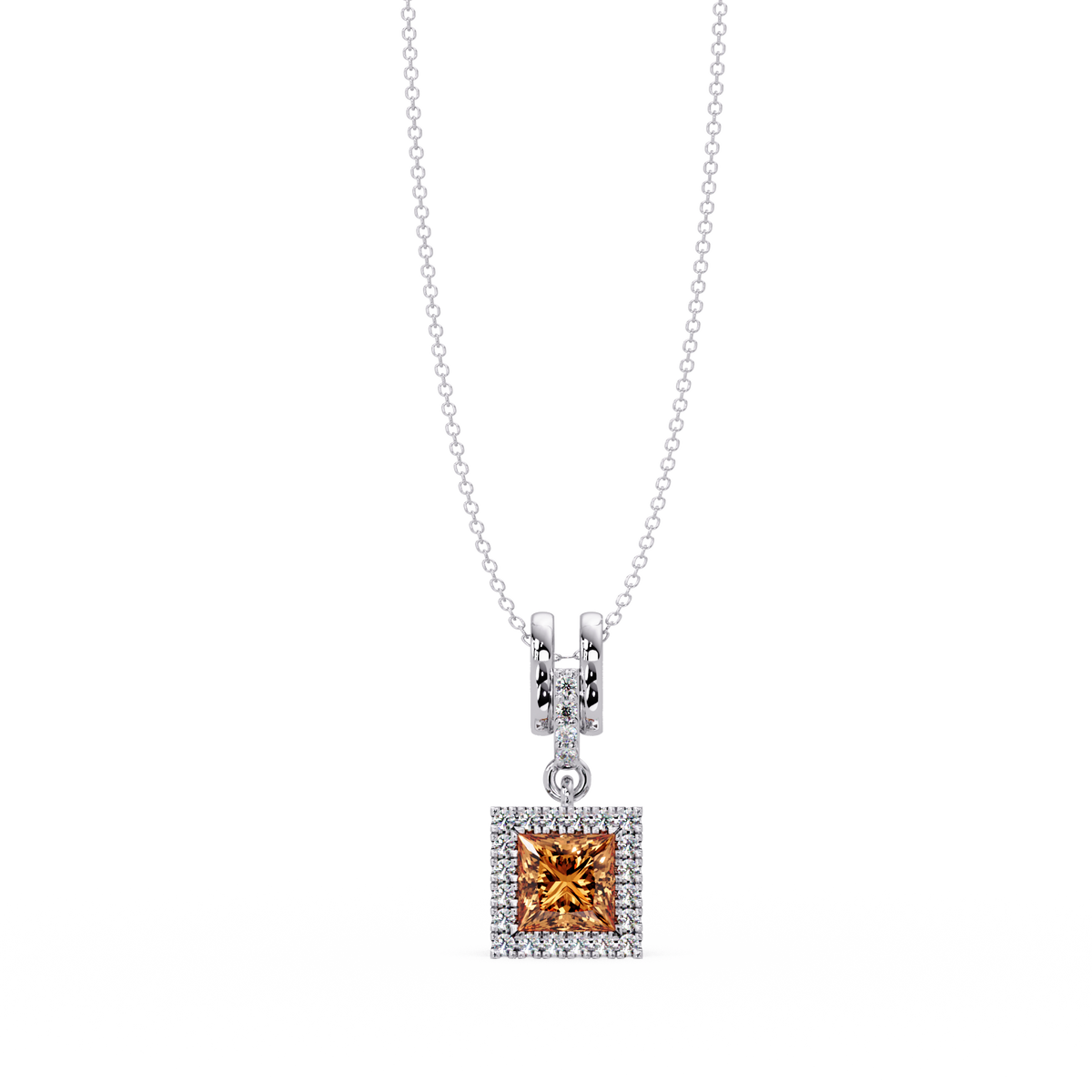 0.7 CTW Princess Halo Square Colorstone Pendant Necklace — Champagne Topaz Amber — 14K White Gold