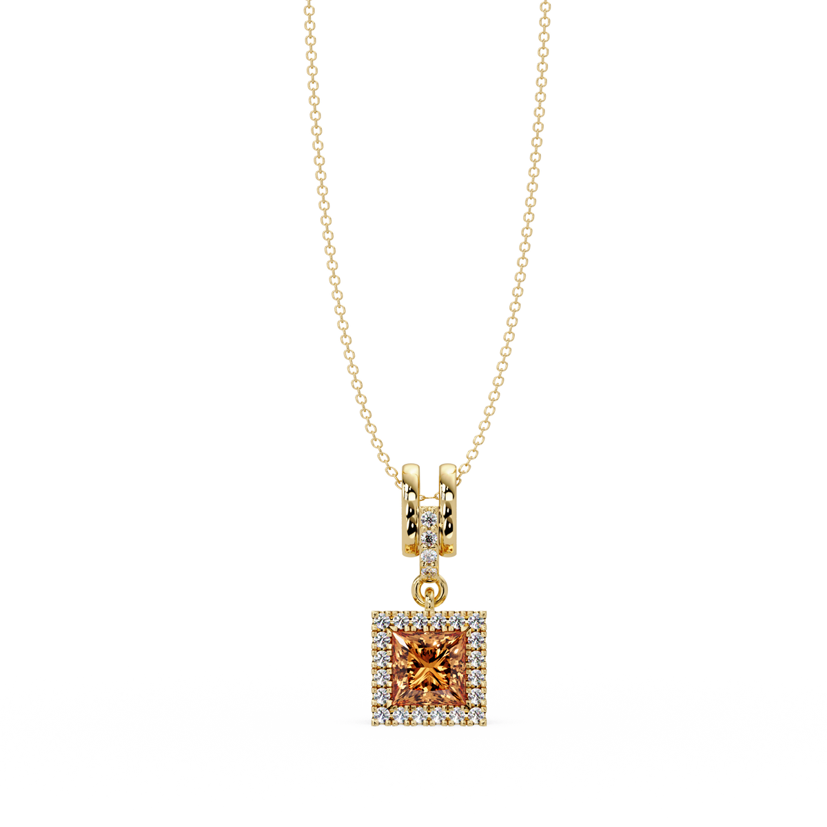 0.7 CTW Princess Halo Square Colorstone Pendant Necklace — Champagne Topaz Amber — 14K Yellow Gold