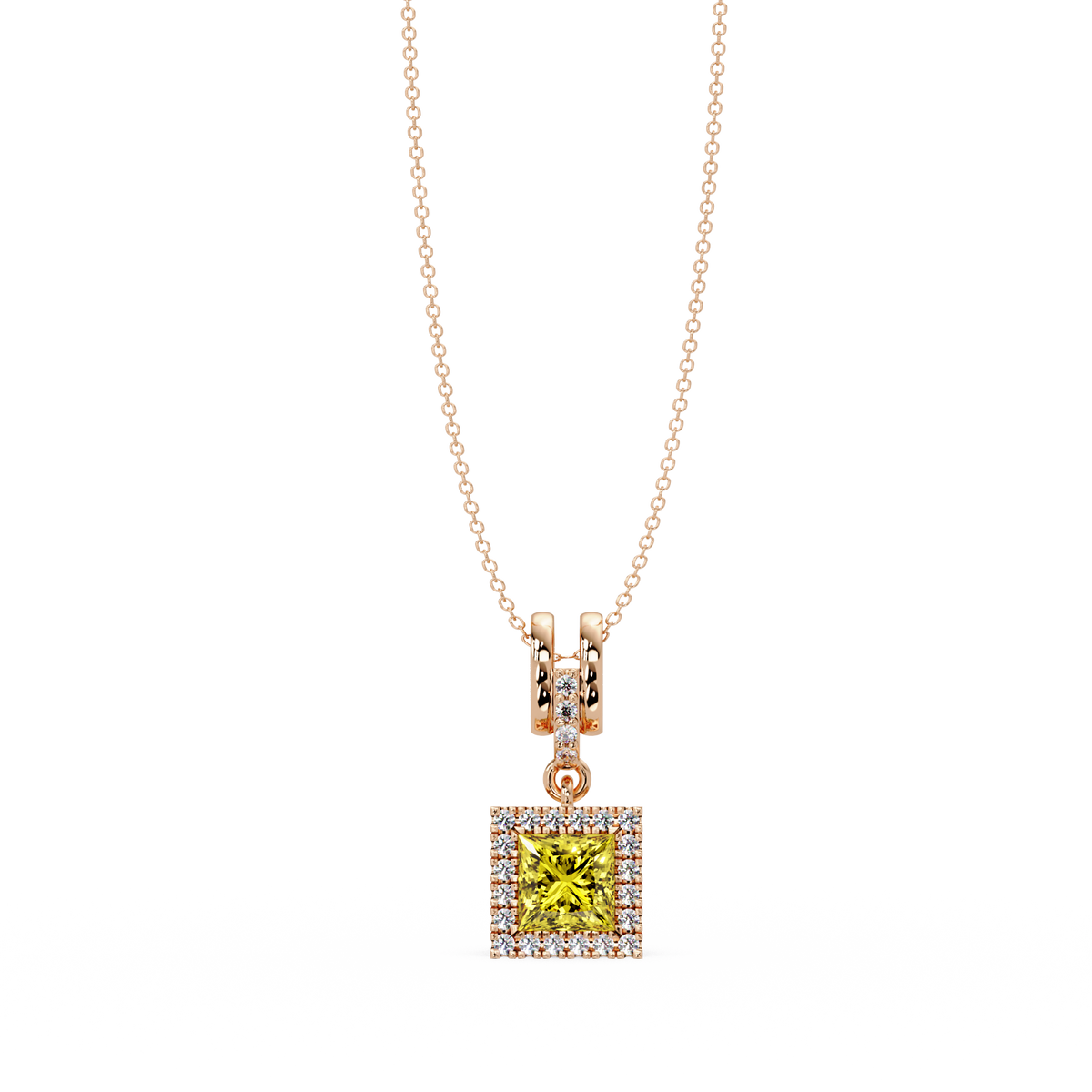 0.7 CTW Princess Halo Square Colorstone Pendant Necklace — Citrine Lemon Yellow — 14K Rose Gold