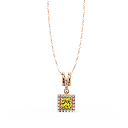 0.7 CTW Princess Halo Square Colorstone Pendant Necklace — Citrine Lemon Yellow — 14K Rose Gold