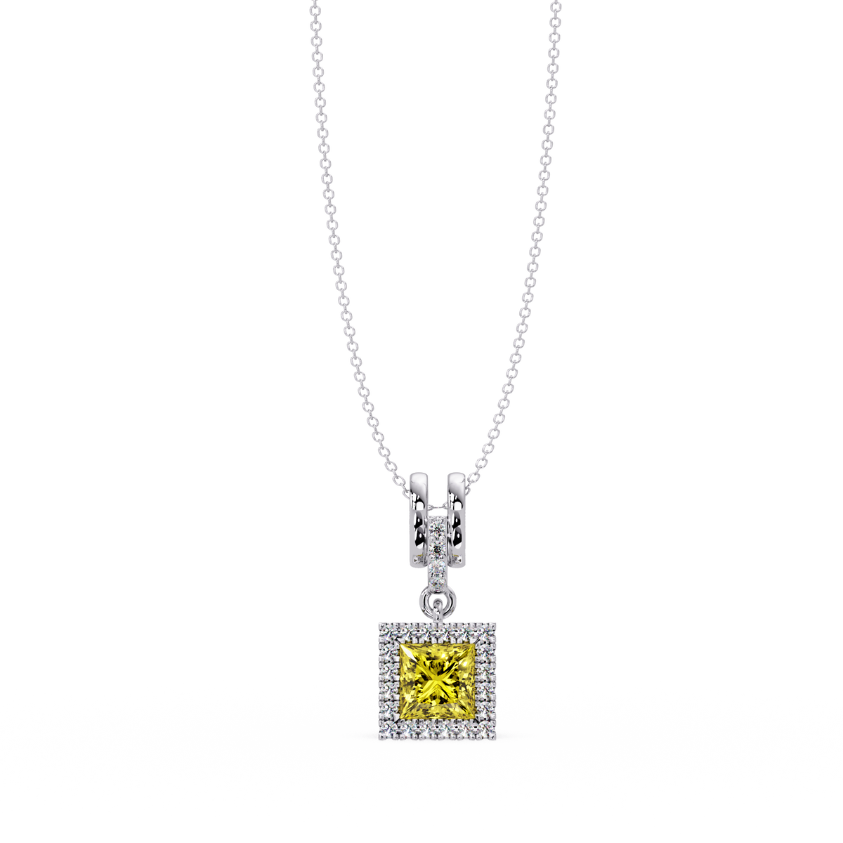 0.7 CTW Princess Halo Square Colorstone Pendant Necklace — Citrine Lemon Yellow — 14K White Gold