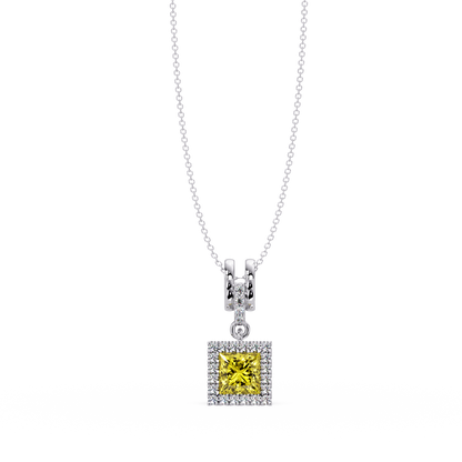0.7 CTW Princess Halo Square Colorstone Pendant Necklace — Citrine Lemon Yellow — 14K White Gold