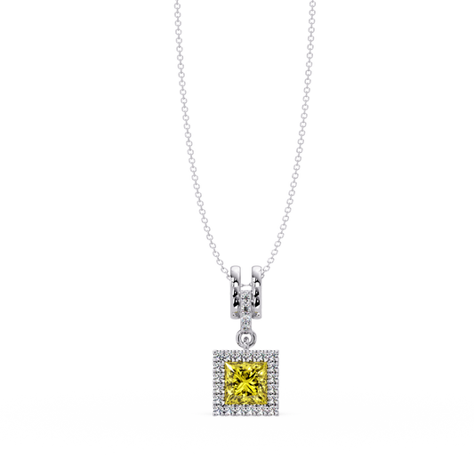 0.7 CTW Princess Halo Square Colorstone Pendant Necklace — Citrine Lemon Yellow — 14K White Gold