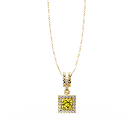 0.7 CTW Princess Halo Square Colorstone Pendant Necklace — Citrine Lemon Yellow — 14K Yellow Gold