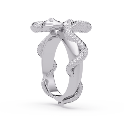 Double Serpent Sculptural Ring in White Gold, side view – Lunéa Paris