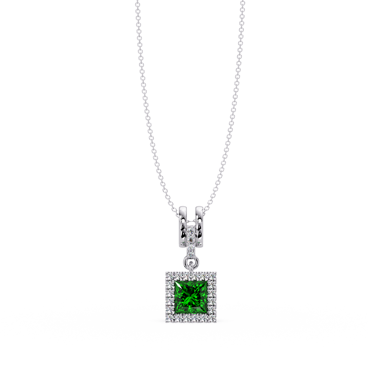 0.7 CTW Princess Halo Square Colorstone Pendant Necklace — Emerald Deep Green — 14K White Gold