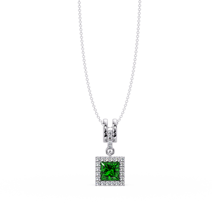 0.7 CTW Princess Halo Square Colorstone Pendant Necklace — Emerald Deep Green — 14K White Gold