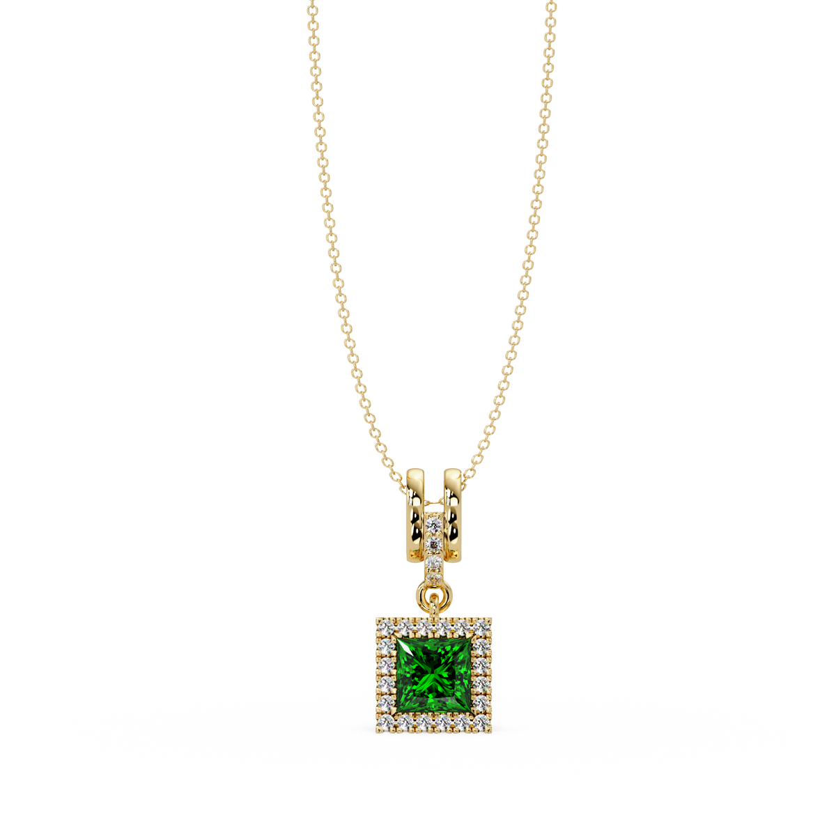 0.7 CTW Princess Halo Square Colorstone Pendant Necklace — Emerald Deep Green — 14K Yellow Gold