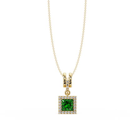 0.7 CTW Princess Halo Square Colorstone Pendant Necklace — Emerald Deep Green — 14K Yellow Gold