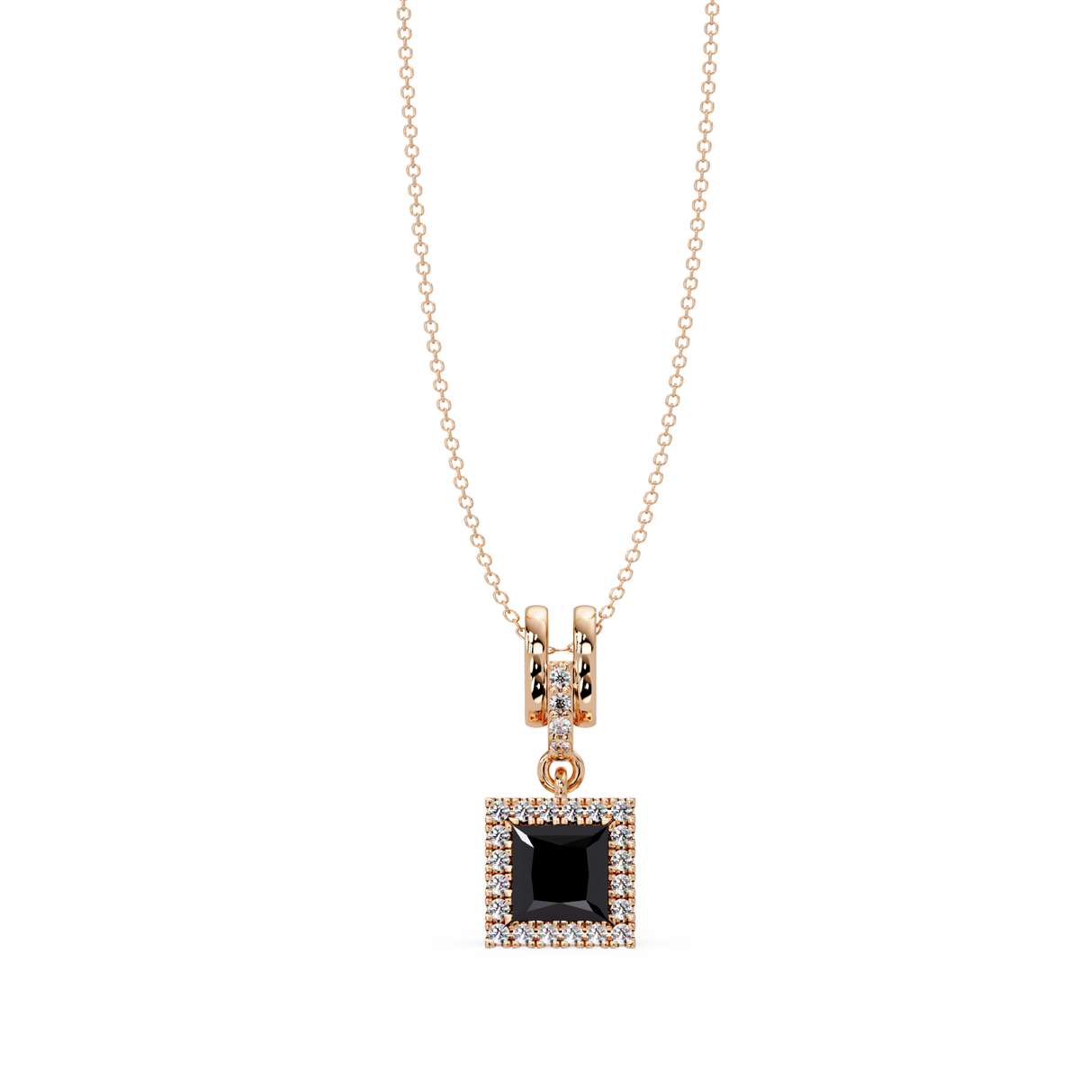 0.7 CTW Princess Halo Square Colorstone Pendant Necklace — Onyx Black — 14K Rose Gold