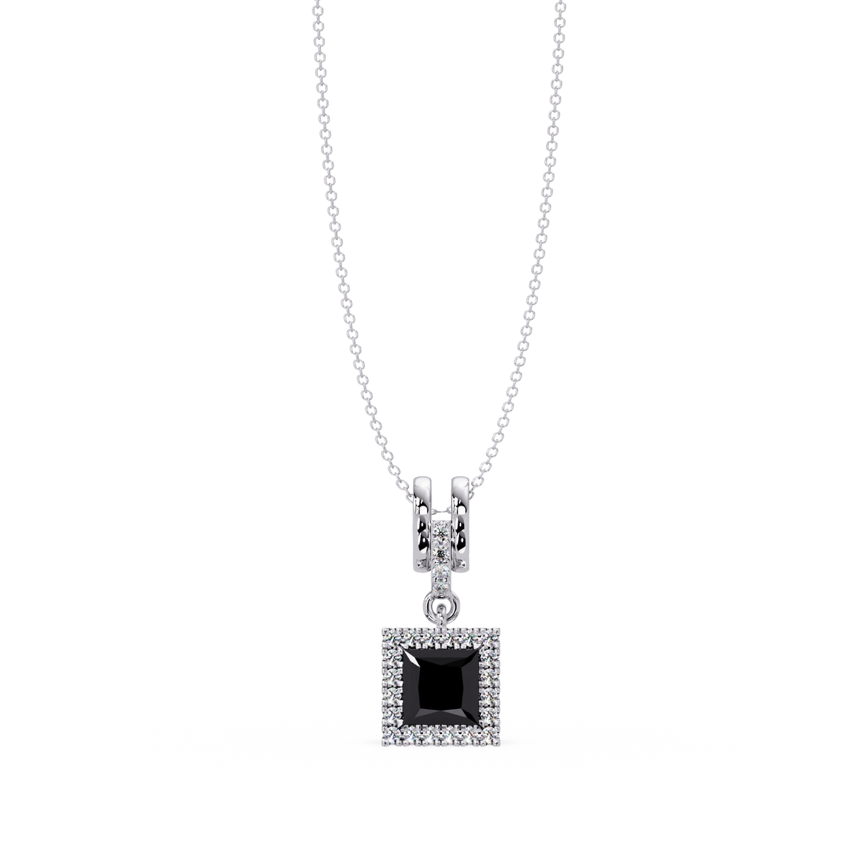 0.7 CTW Princess Halo Square Colorstone Pendant Necklace — Onyx Black — 14K White Gold