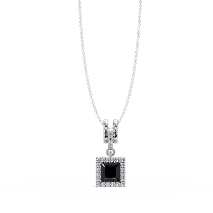 0.7 CTW Princess Halo Square Colorstone Pendant Necklace — Onyx Black — 14K White Gold