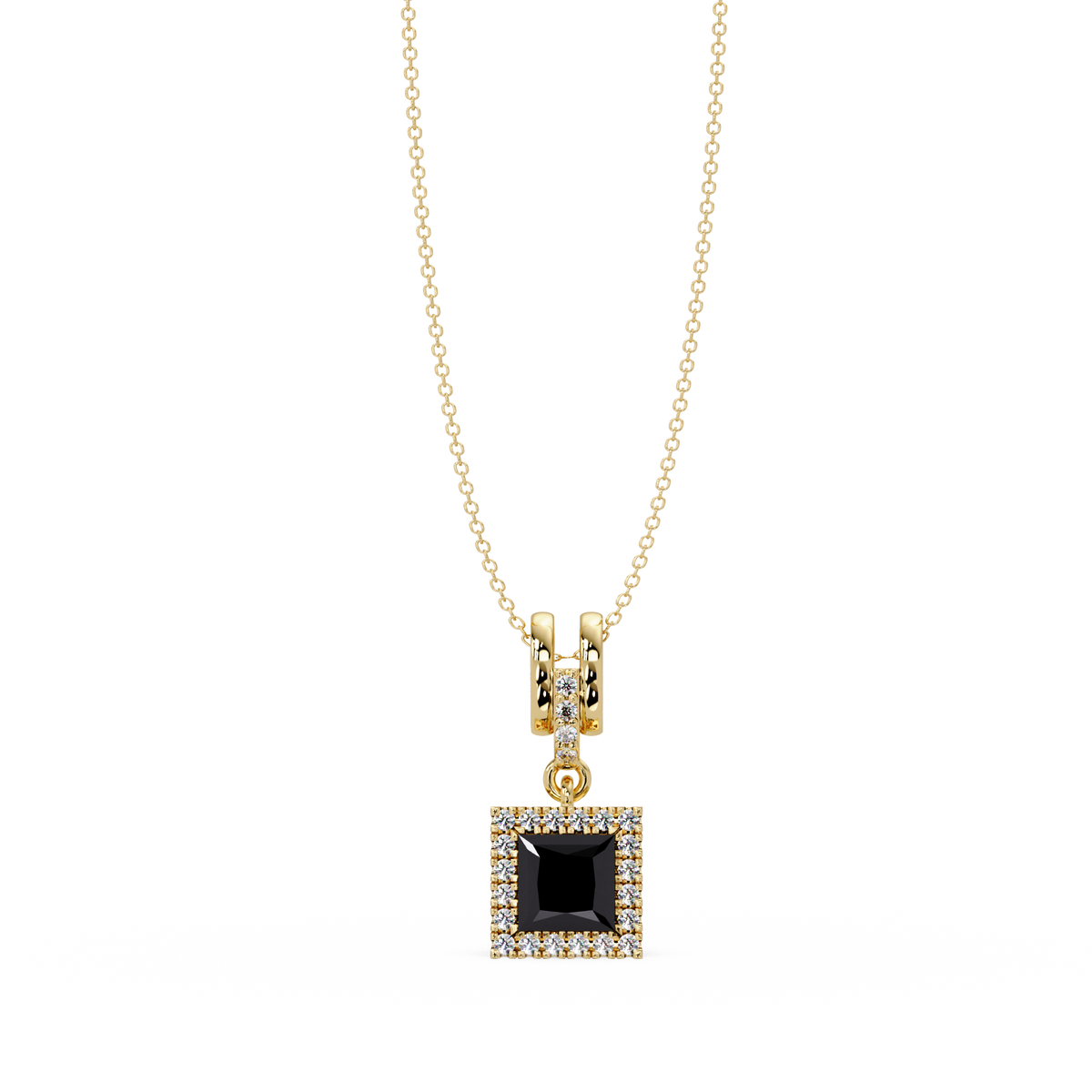 0.7 CTW Princess Halo Square Colorstone Pendant Necklace — Onyx Black — 14K Yellow Gold