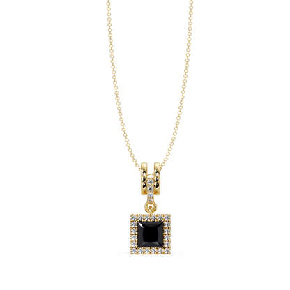 0.7 CTW Princess Halo Square Colorstone Pendant Necklace — Onyx Black — 14K Yellow Gold