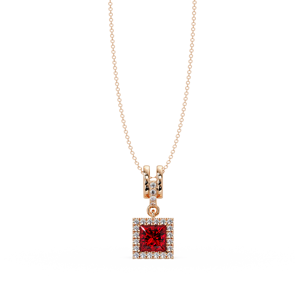 0.7 CTW Princess Halo Square Colorstone Pendant Necklace — Ruby Deep Red — 14K Rose Gold