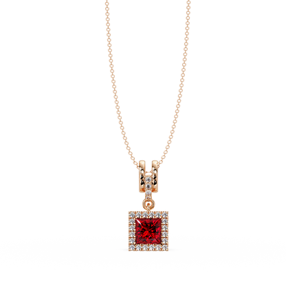 0.7 CTW Princess Halo Square Colorstone Pendant Necklace — Ruby Deep Red — 14K Rose Gold