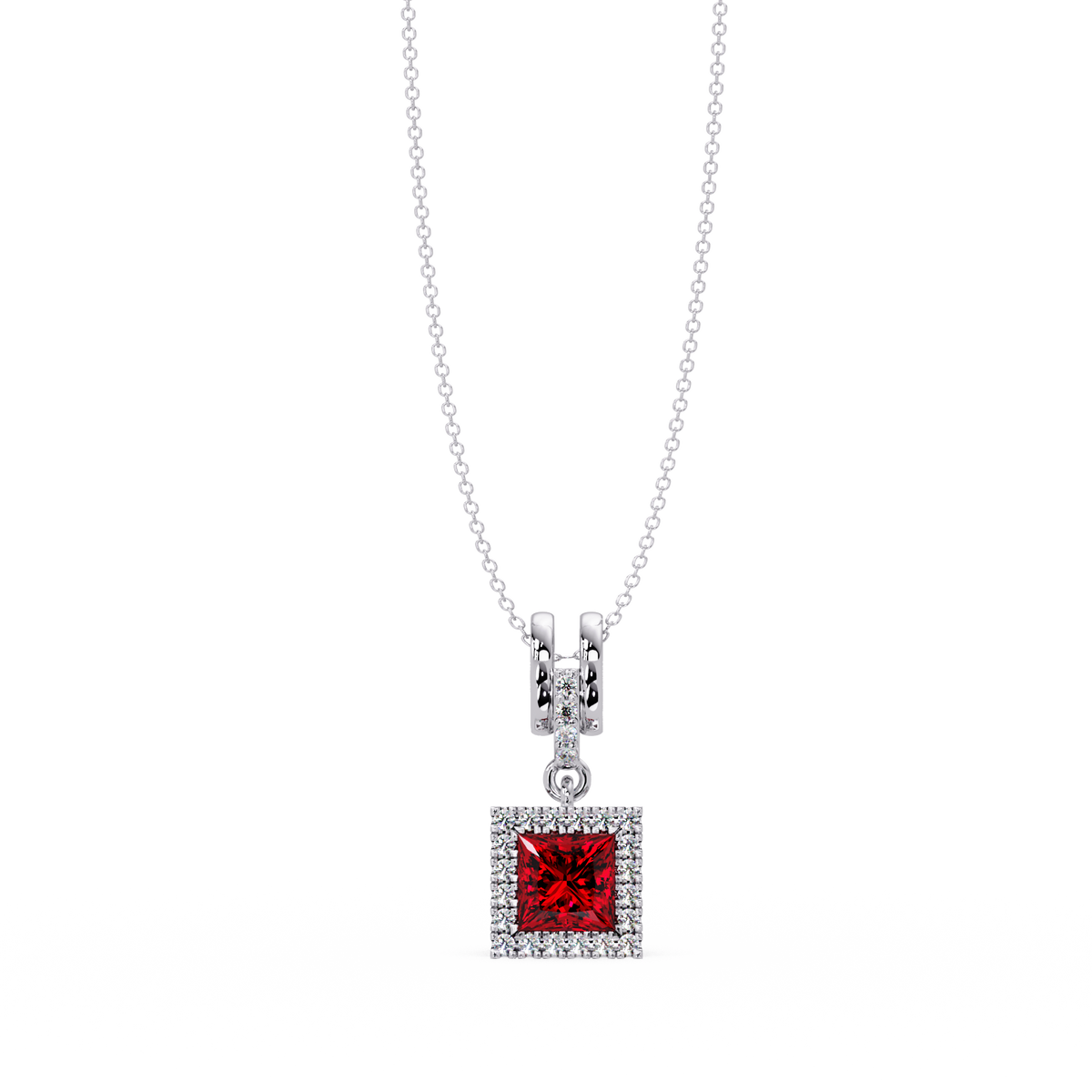 0.7 CTW Princess Halo Square Colorstone Pendant Necklace — Ruby Deep Red — 14K White Gold
