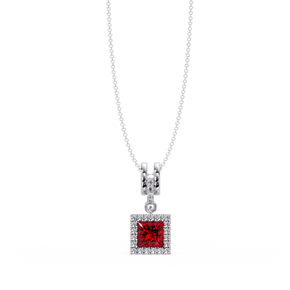 0.7 CTW Princess Halo Square Colorstone Pendant Necklace — Ruby Deep Red — 14K White Gold
