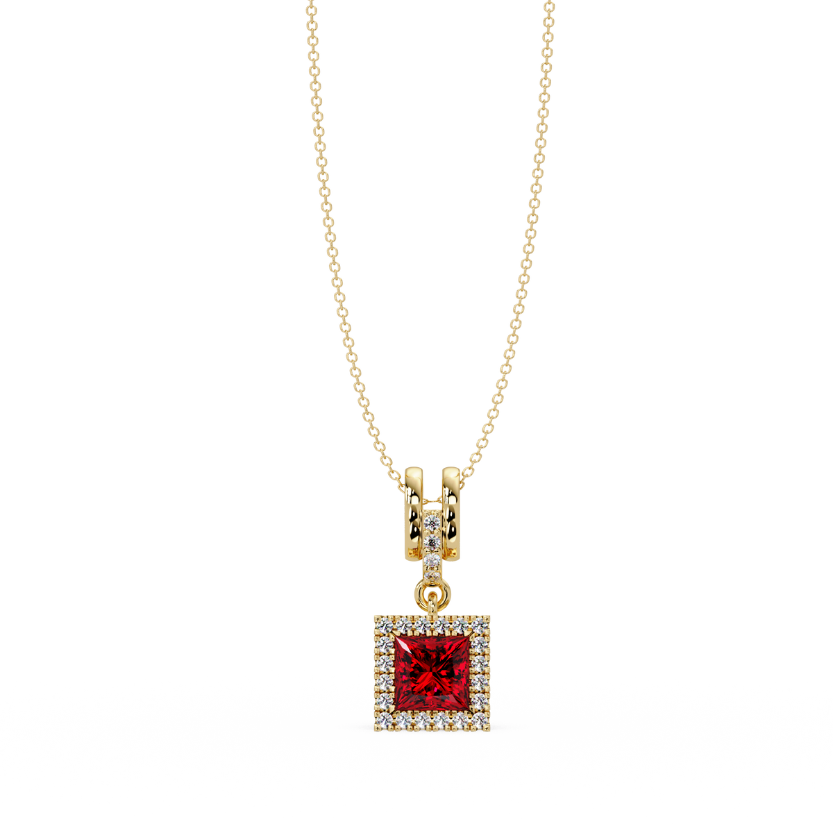 0.7 CTW Princess Halo Square Colorstone Pendant Necklace — Ruby Deep Red — 14K Yellow Gold