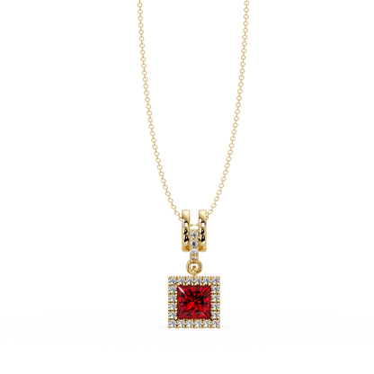 0.7 CTW Princess Halo Square Colorstone Pendant Necklace — Ruby Deep Red — 14K Yellow Gold