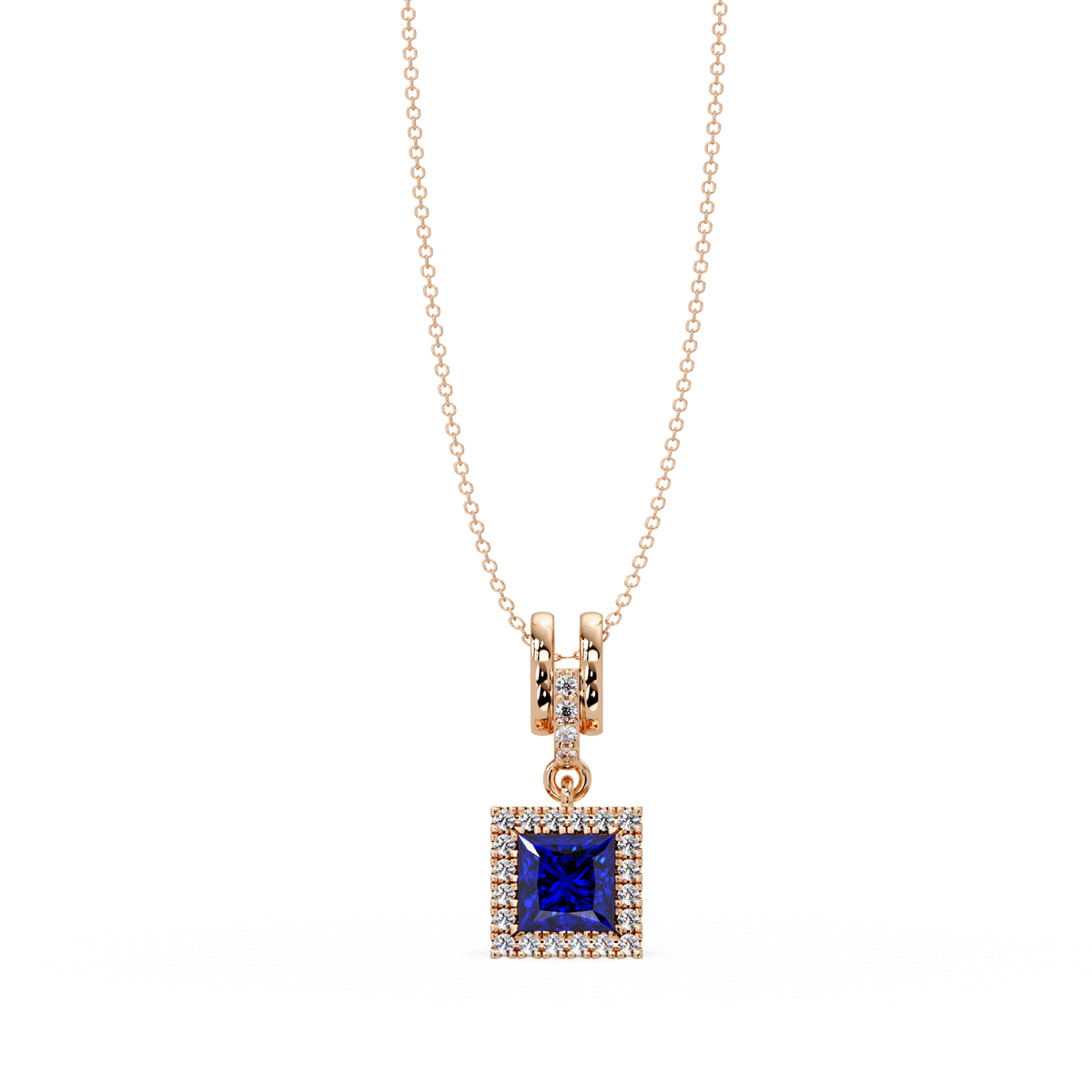 0.7 CTW Princess Halo Square Colorstone Pendant Necklace — Sapphire Royal Blue — 14K Rose Gold