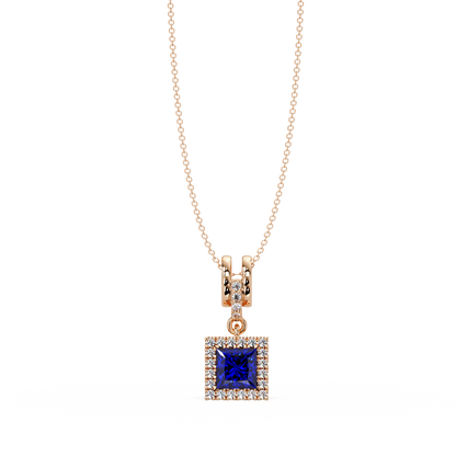 0.7 CTW Princess Halo Square Colorstone Pendant Necklace — Sapphire Royal Blue — 14K Rose Gold