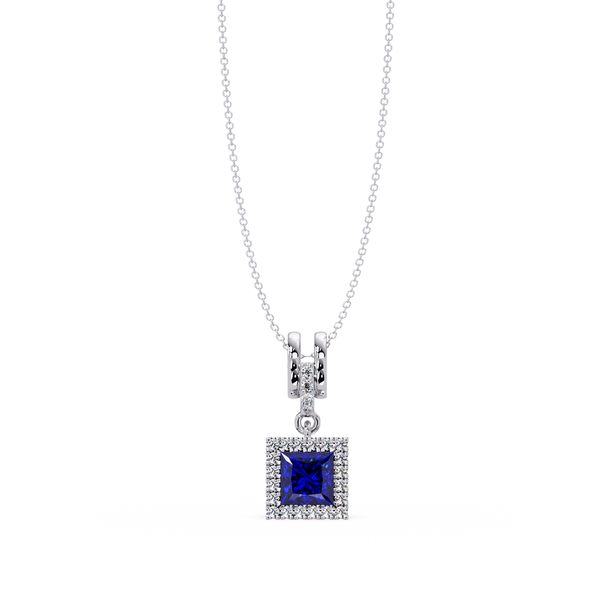 0.7 CTW Princess Halo Square Colorstone Pendant Necklace — Sapphire Royal Blue — 14K White Gold