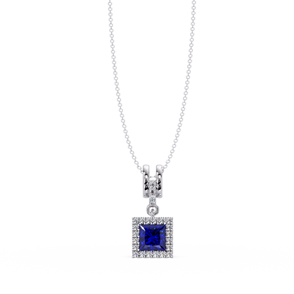 0.7 CTW Princess Halo Square Colorstone Pendant Necklace — Sapphire Royal Blue — 14K White Gold