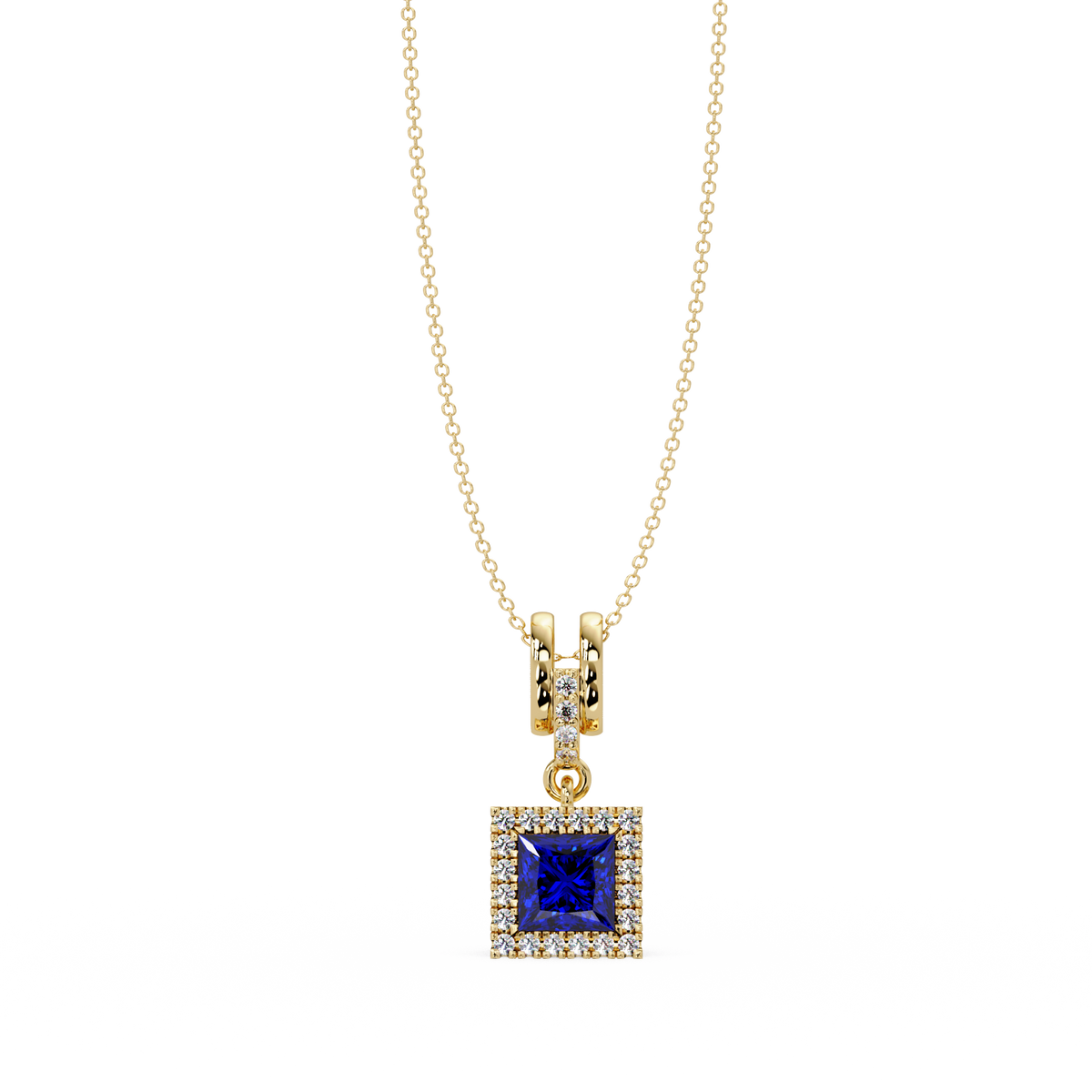 0.7 CTW Princess Halo Square Colorstone Pendant Necklace — Sapphire Royal Blue — 14K Yellow Gold