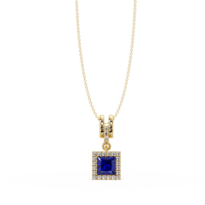 0.7 CTW Princess Halo Square Colorstone Pendant Necklace — Sapphire Royal Blue — 14K Yellow Gold