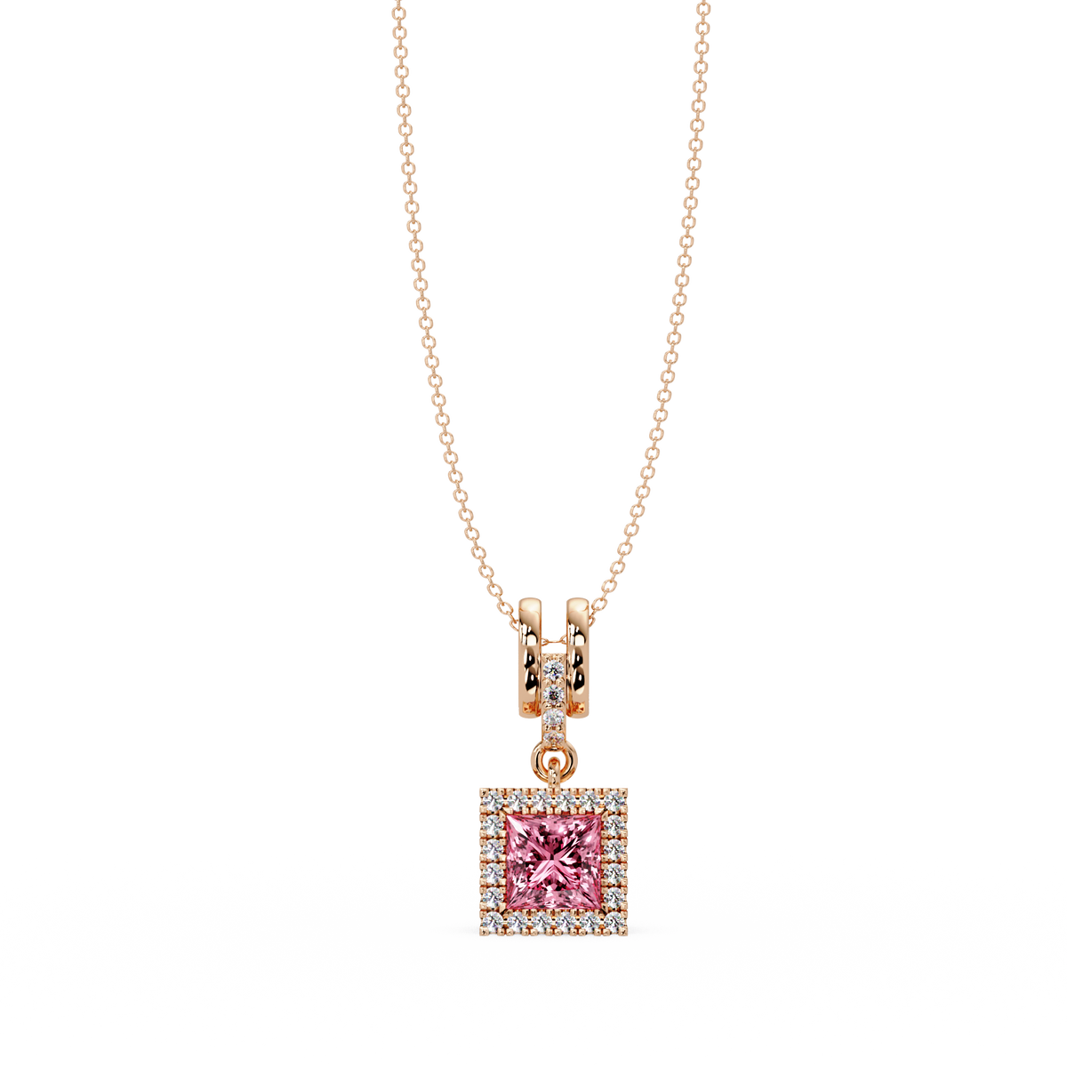 0.7 CTW Princess Halo Square Colorstone Pendant Necklace — Tourmaline Rose Pink — 14K Rose Gold