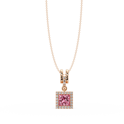 0.7 CTW Princess Halo Square Colorstone Pendant Necklace — Tourmaline Rose Pink — 14K Rose Gold