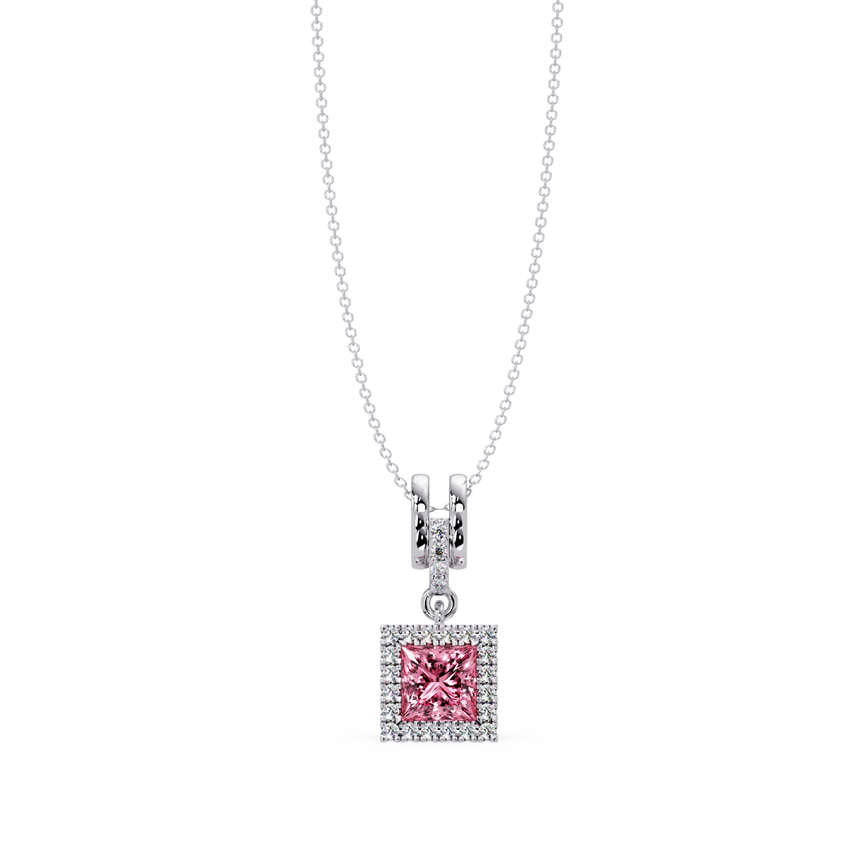0.7 CTW Princess Halo Square Colorstone Pendant Necklace — Tourmaline Rose Pink — 14K White Gold