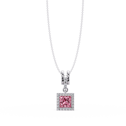 0.7 CTW Princess Halo Square Colorstone Pendant Necklace — Tourmaline Rose Pink — 14K White Gold
