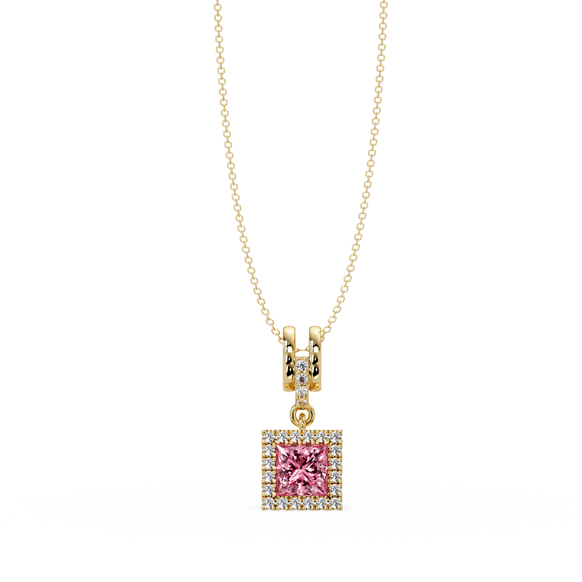 0.7 CTW Princess Halo Square Colorstone Pendant Necklace — Tourmaline Rose Pink — 14K Yellow Gold