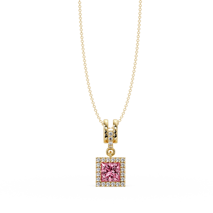 0.7 CTW Princess Halo Square Colorstone Pendant Necklace — Tourmaline Rose Pink — 14K Yellow Gold