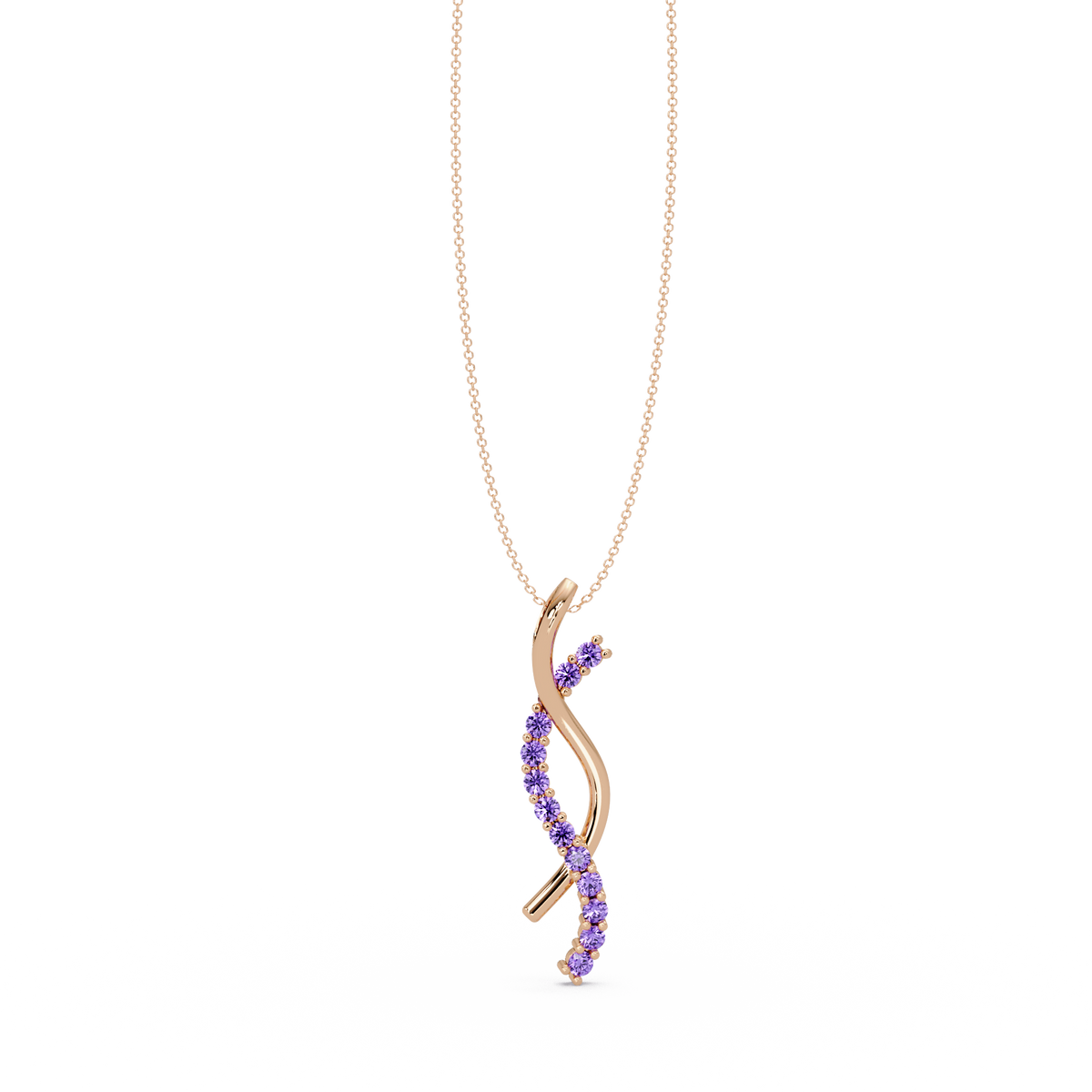 0.3 CTW Round Pavé S-Curve Colorstone Pendant Necklace — Amethyst Lavender — 14K Rose Gold